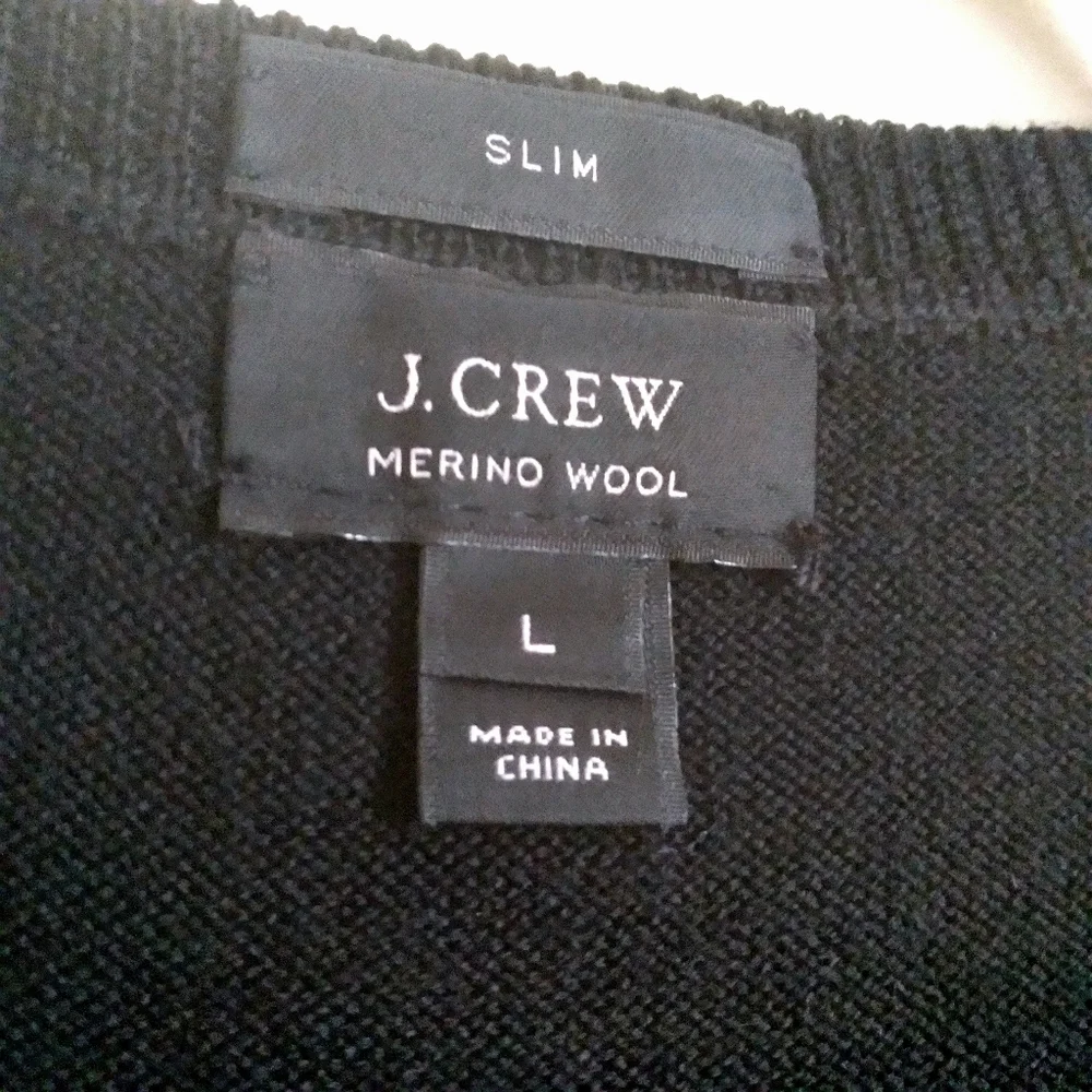 J. Crew Slim Black Merino Wool V-Neck‎ Sweater Minimalist Quiet Luxury  Large